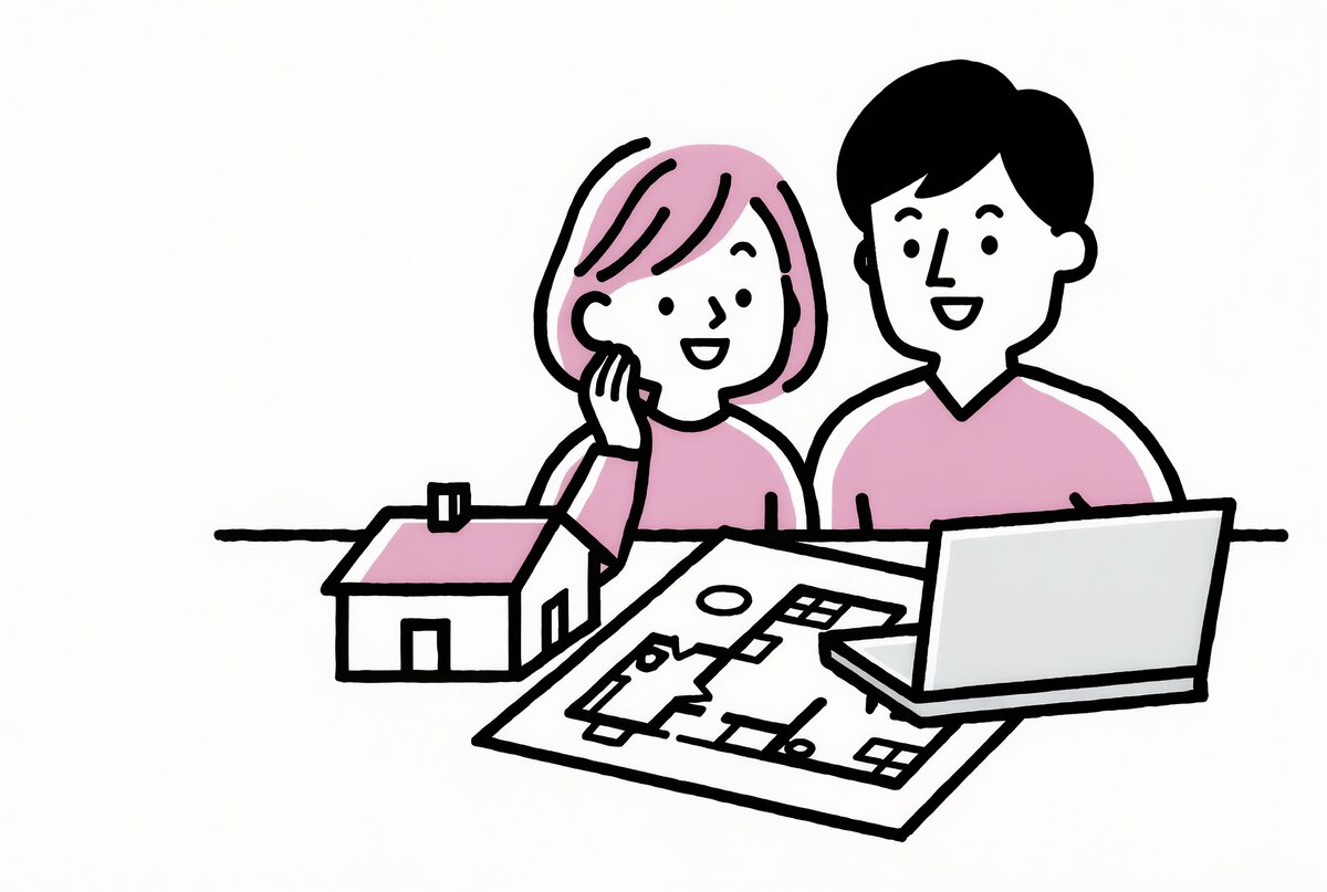 間取り図と家の模型を見ながら相談する夫婦のイラスト