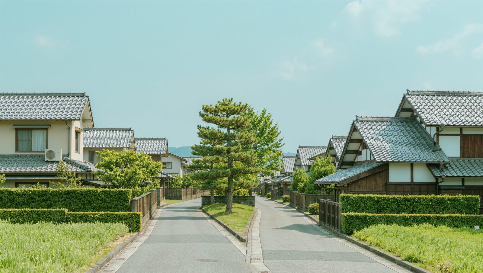 二手に分かれる緑豊かな住宅街の道