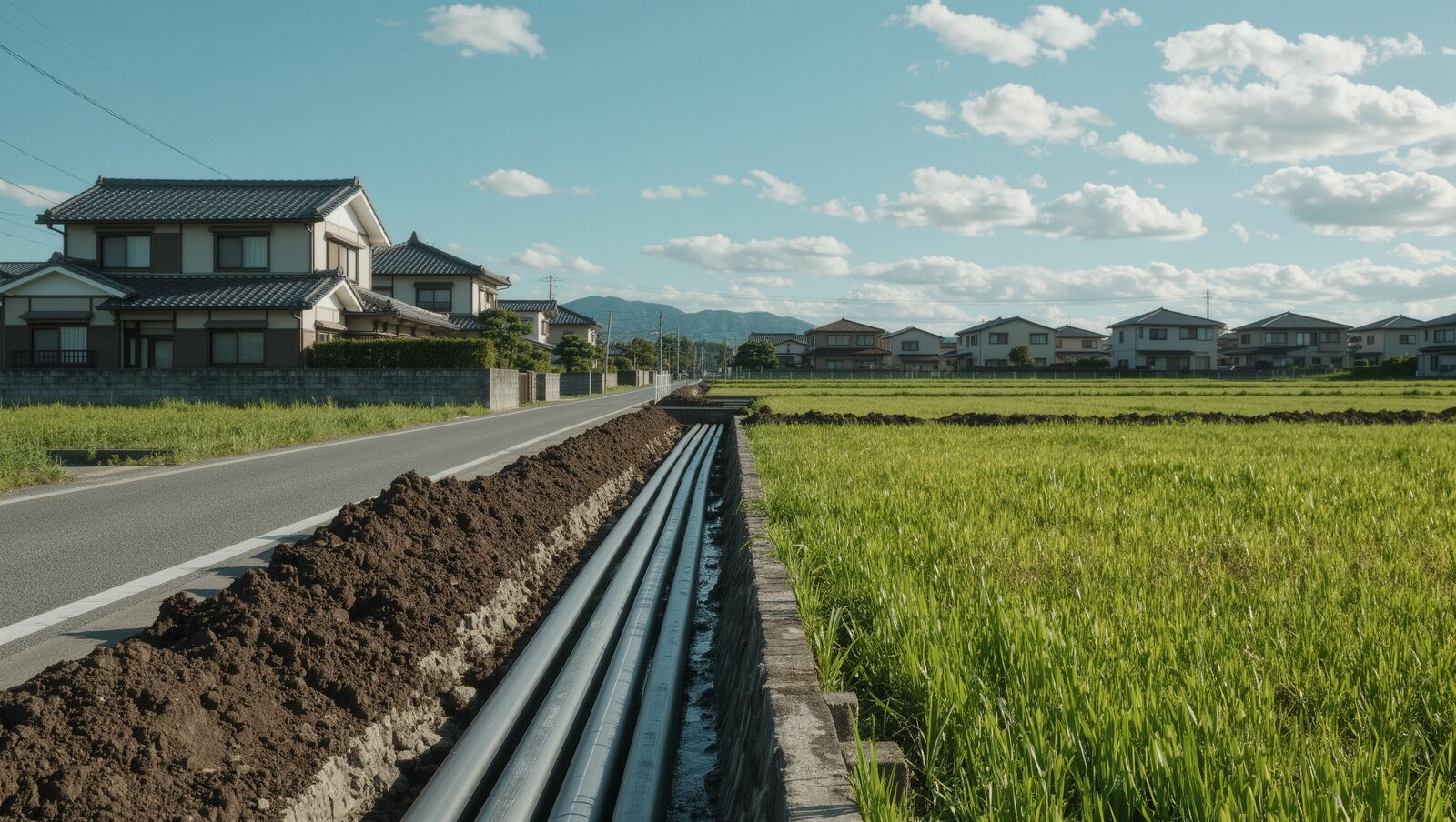 住宅地の道路脇で掘られた溝に配管が通る様子