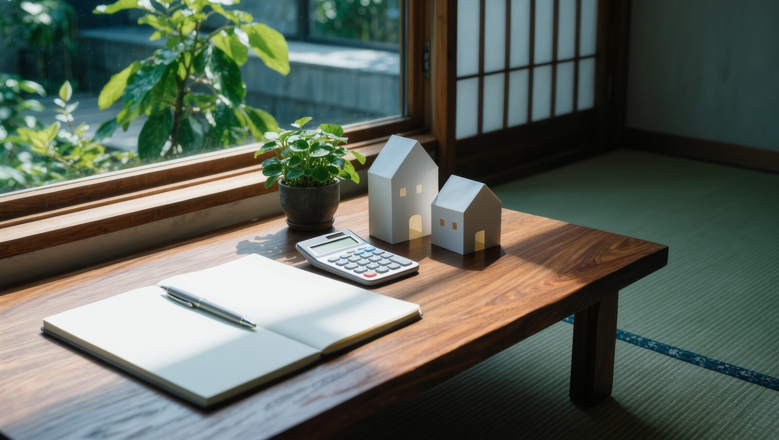 窓辺の机に置かれた大小2つの家の模型と電卓、ノート