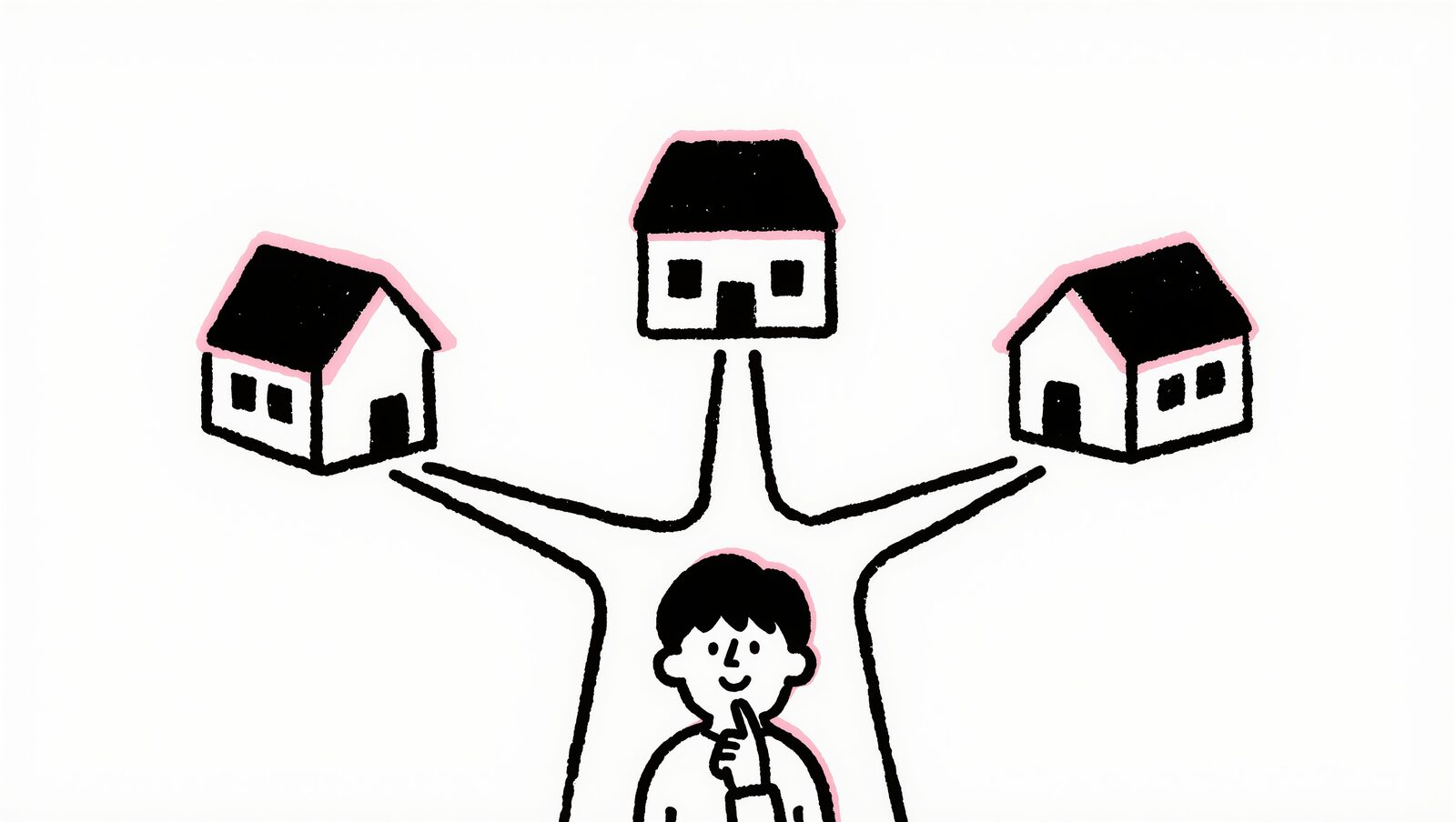 三つの道の分かれ道で家を選ぶ夫婦の後ろ姿