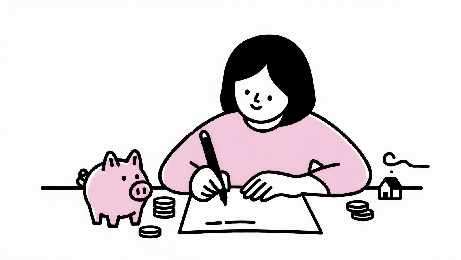 貯金箱とコインのそばで紙に書き出して計画する女性のイラスト
