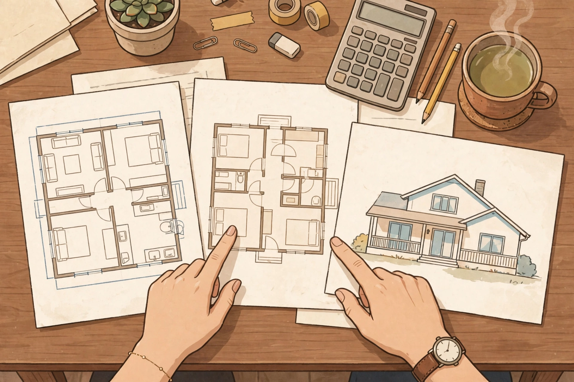 複数社の間取りプランを並べて比べる様子のイラスト