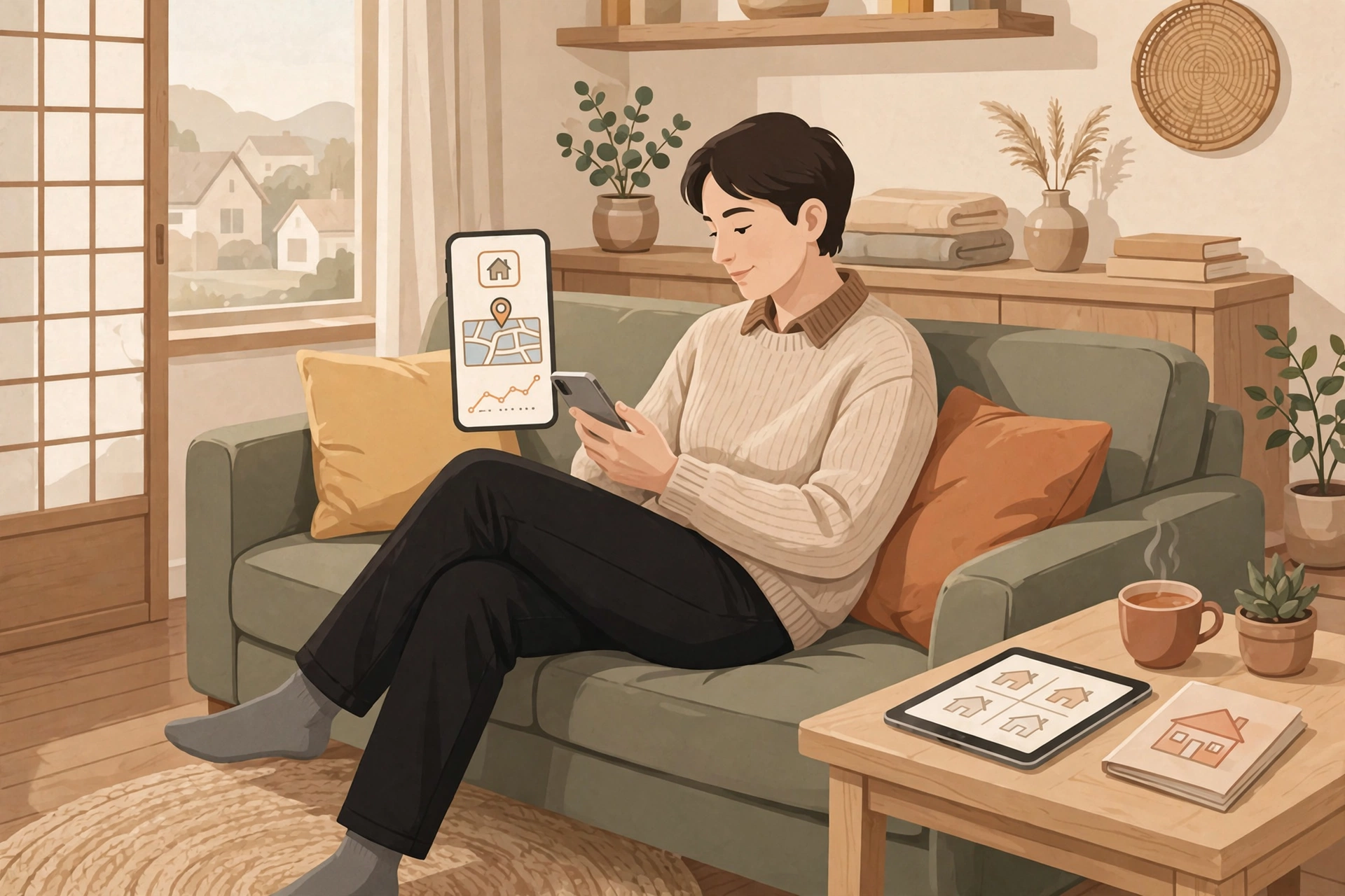スマホで土地相場や予算を調べるイラスト
