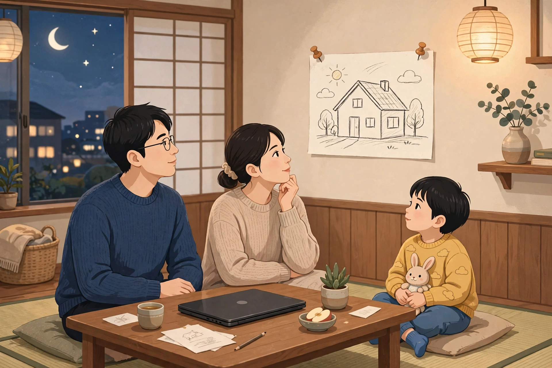 自宅で家づくりを考える家族のイラスト