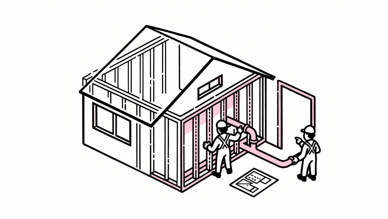 骨組みがむき出しの住宅で水まわりの配管を動かす職人のイラスト