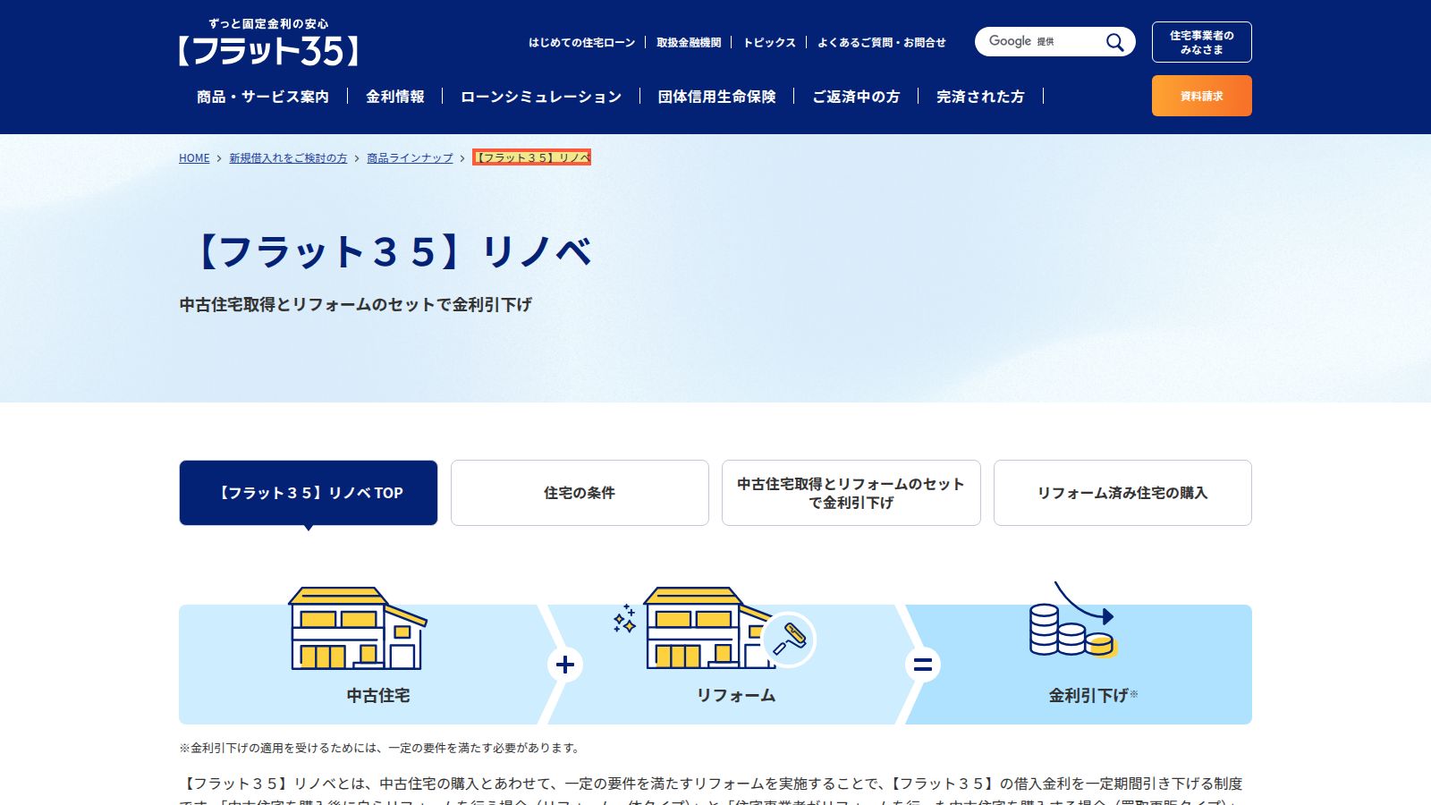 住宅金融支援機構の【フラット35】リノベの公式ページ