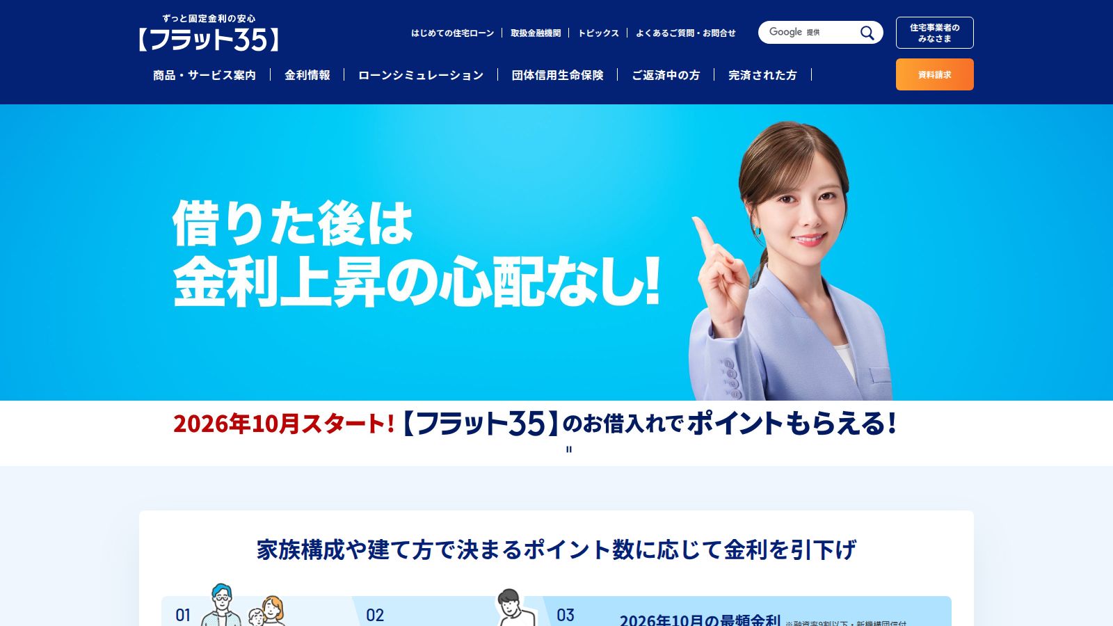 フラット35公式サイトのトップページ（その月の金利が載っている）
