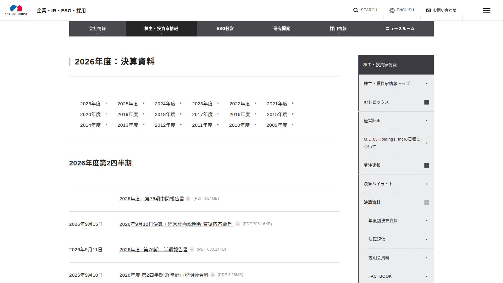 積水ハウスのIRライブラリ(決算資料の一覧)のページ